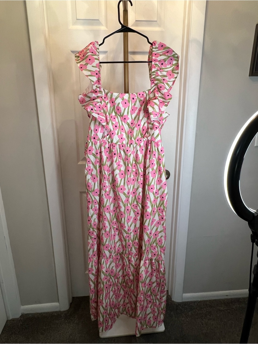 Pink Floral Ruffle Strap Maxi Dress